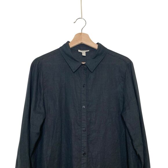 Eileen Fisher Organic Linen Oversized Button Down Shirt LP Asymmetrical Hem BLK - Picture 3 of 12